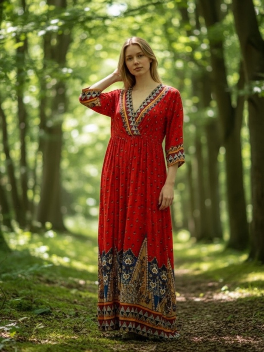 NWOT Vibrant Red and Blue Cotton Blend Maxi Dress size Small - Picture 2 of 16
